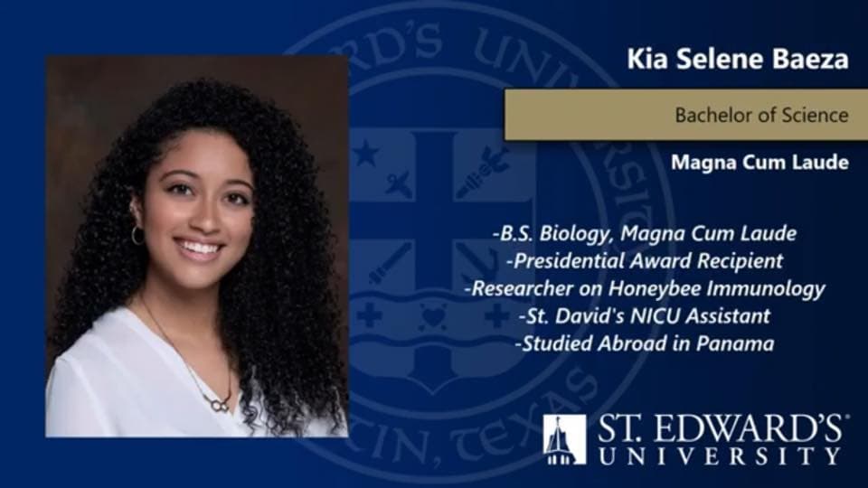 Smiling portrait of Kia Selene Baeza, Magna Cum Laude Biology graduate, St. Edward's University.